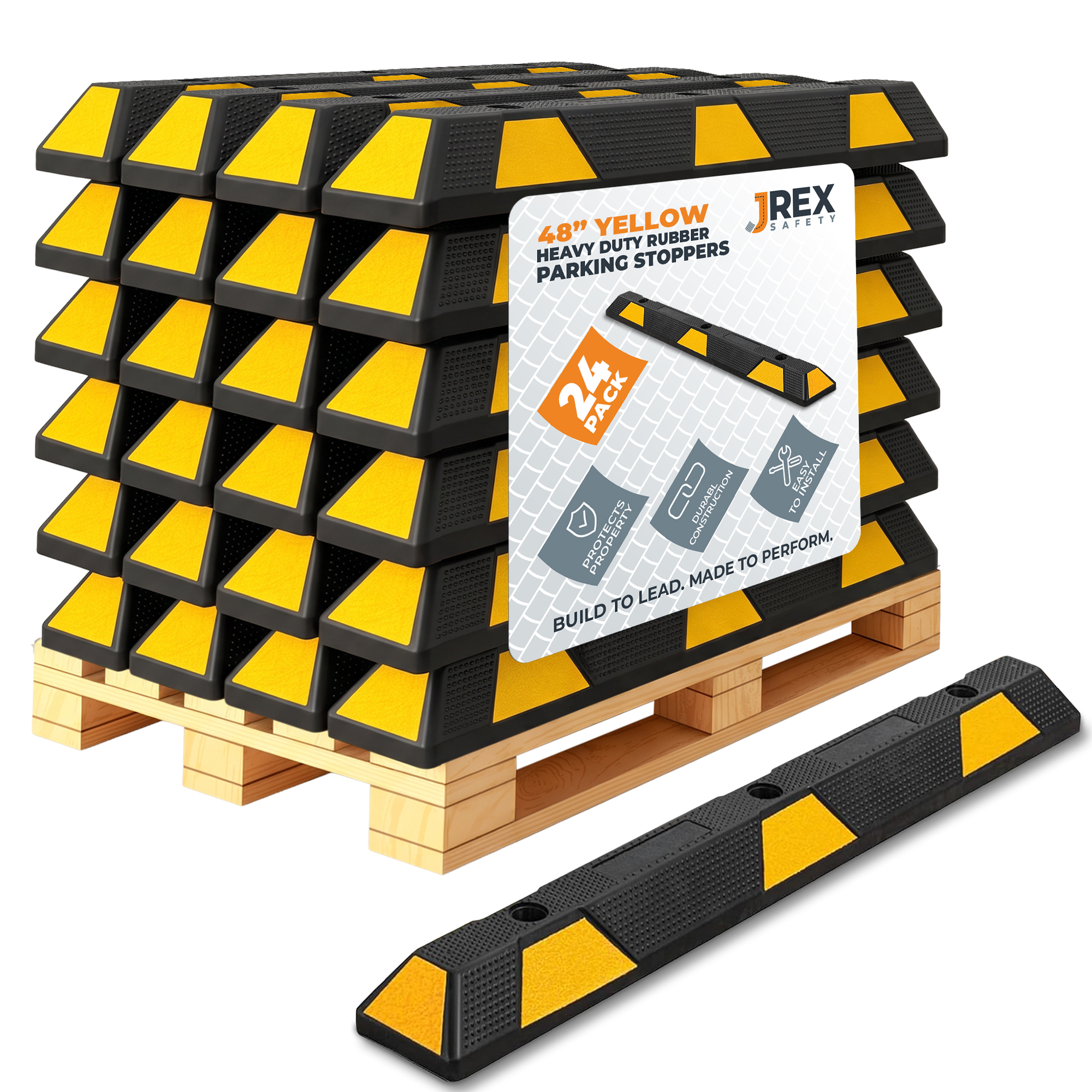 48" Rubber Parking Block Curb Stop - Yellow Reflective Strip - 24 Pack